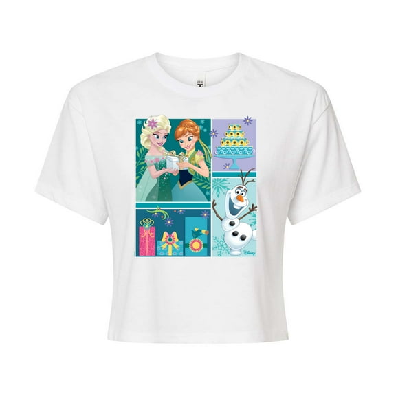 Disney Frozen - Elsa, Olaf & Anna Birthday Celebration - Juniors Cropped Cotton Blend T-Shirt