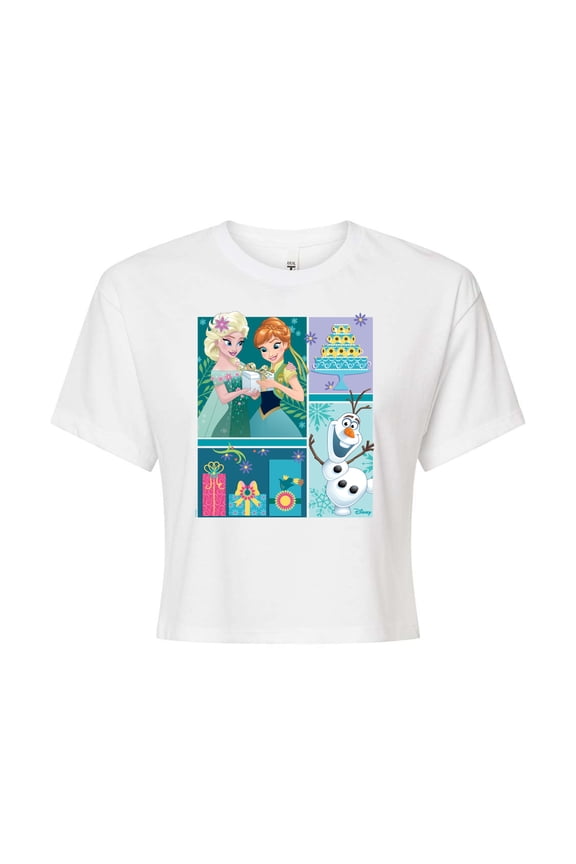 Frozen - Elsa, Olaf & Anna Birthday Celebration - Juniors Cropped Cotton Blend T-Shirt