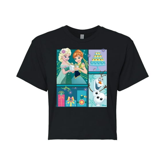 Disney Frozen - Elsa, Olaf & Anna Birthday Celebration - Juniors Cropped Cotton Blend T-Shirt