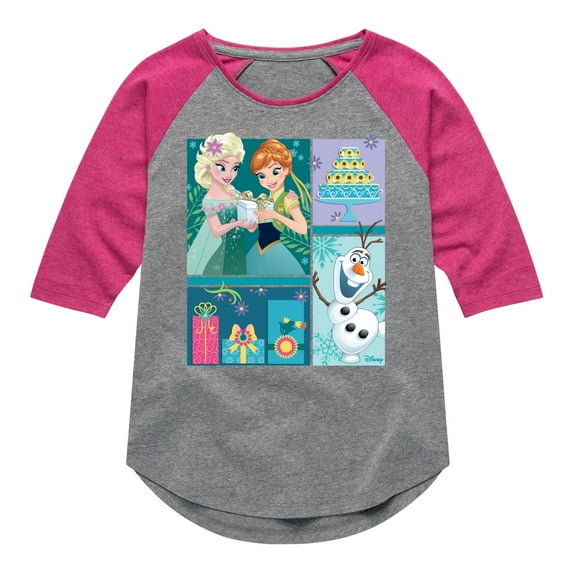 Disney Frozen - Elsa, Olaf & Anna Birthday Celebration - Toddler & Youth Girls Raglan Graphic T-Shirt