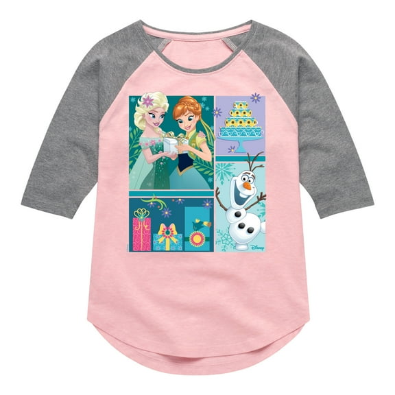 Disney Frozen - Elsa, Olaf & Anna Birthday Celebration - Toddler & Youth Girls Raglan Graphic T-Shirt