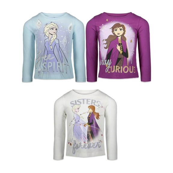 Disney Frozen Elsa Princess Anna Big Girls 3 Pack Long Sleeve T-Shirts Toddler to Big Kid