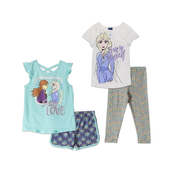 Disney Frozen Elsa Princess Anna Big Girls T-Shirts Leggings and Active Dolphin Shorts 4 Piece Outfit Set White 8-10
