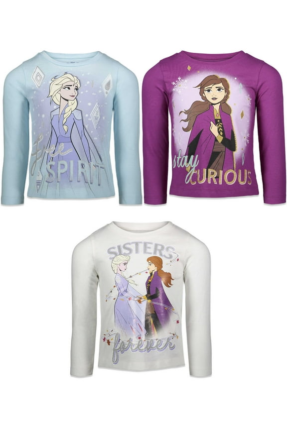 Frozen Elsa Princess Anna Little Girls 3 Pack Long Sleeve T-Shirts Toddler to Big Kid