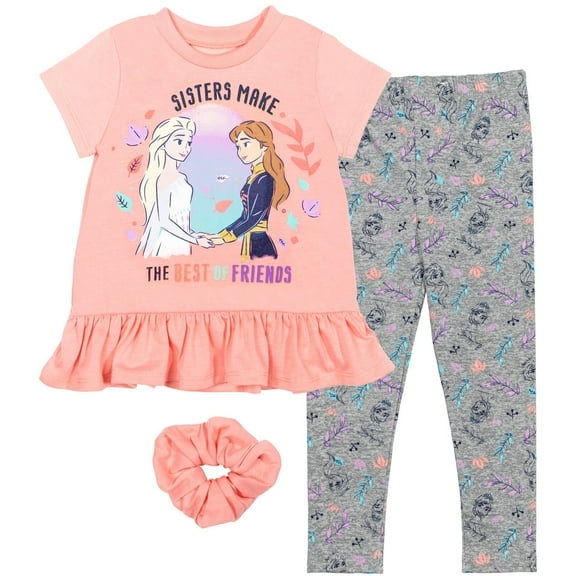 Disney Frozen Elsa Princess Anna Little Girls Peplum T-Shirt Leggings and Scrunchie 3 Piece Outfit Set Toddler to Big Kid