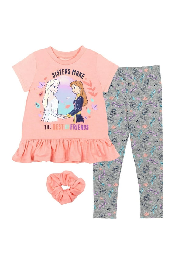 Frozen Elsa Princess Anna Little Girls Peplum T-Shirt Leggings and Scrunchie 3 Piece Outfit Set Toddler to Big Kid