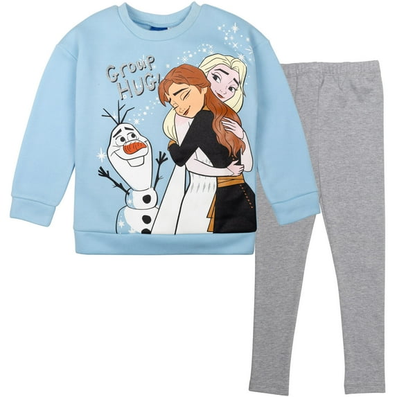 Disney Frozen Elsa Princess Anna Olaf Little Girls Pullover Fleece Sweatshirt and Leggings Outfit Set Toddler to Little Kid