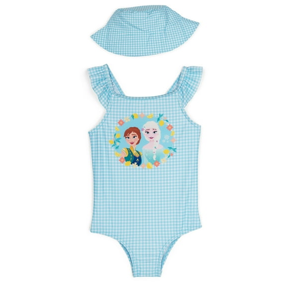 Disney Frozen Elsa Princess Anna Square Neck Racerback One Piece Bathing Suit and Bucket Sun Hat UPF 50 Swim Set Gingham Toddler to Little Kid