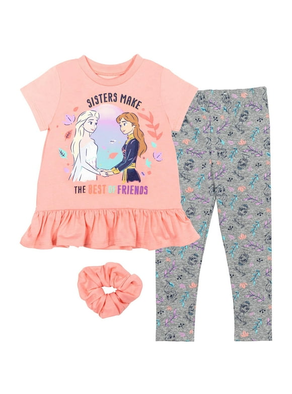 Disney Frozen Elsa Princess Anna Toddler Girls Peplum T-Shirt Leggings and Scrunchie 3 Piece Outfit Set Toddler to Big Kid