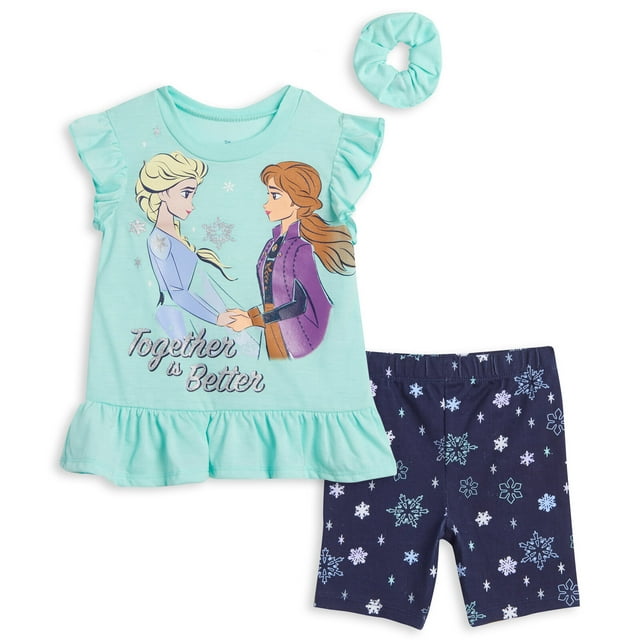 Disney Frozen Elsa Princess Anna Toddler Girls Peplum T-Shirt Shorts and Scrunchie 3 Piece Outfit Set Toddler to Little Kid