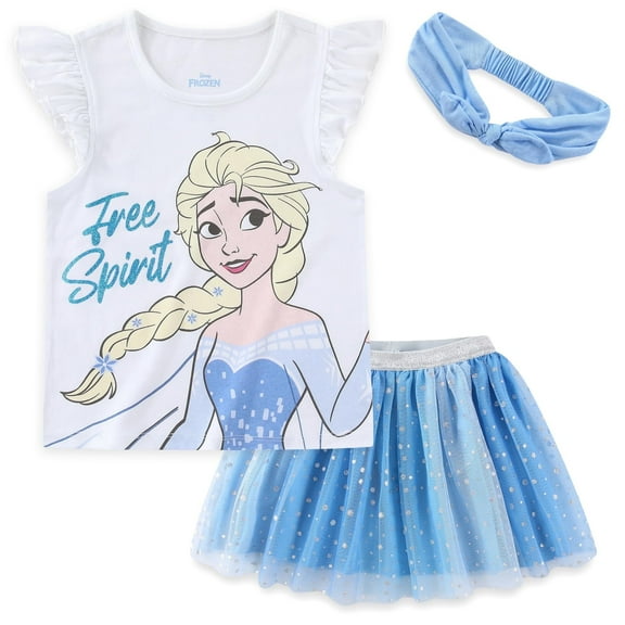 Disney Frozen Elsa Short Sleeve Shirt and Tulle Tutu Skirt with Headband (Girls), 3 Piece Set, Sizes 2T-10