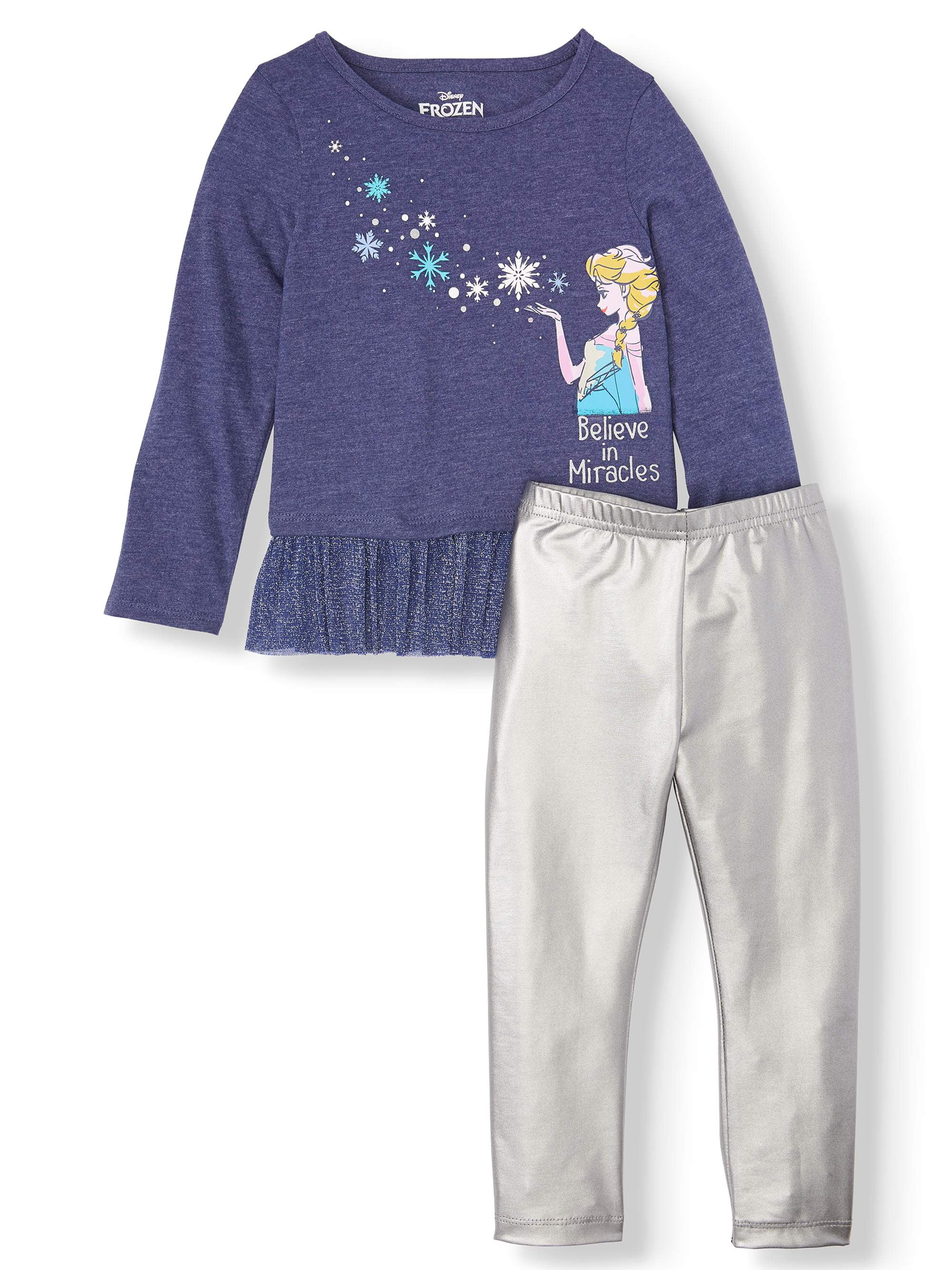 Disney Frozen Elsa Toddler Long Sleeve Flounce Tunic & Metallic Leggings, 2pc Outfit Set - Walmart.com