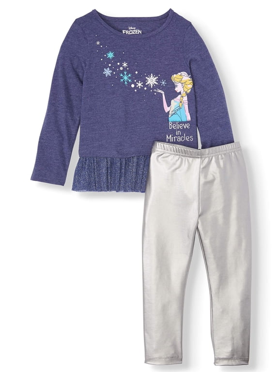 Disney Frozen Elsa Toddler Girl Long Sleeve Flounce Tunic & Metallic Leggings, 2pc Outfit Set