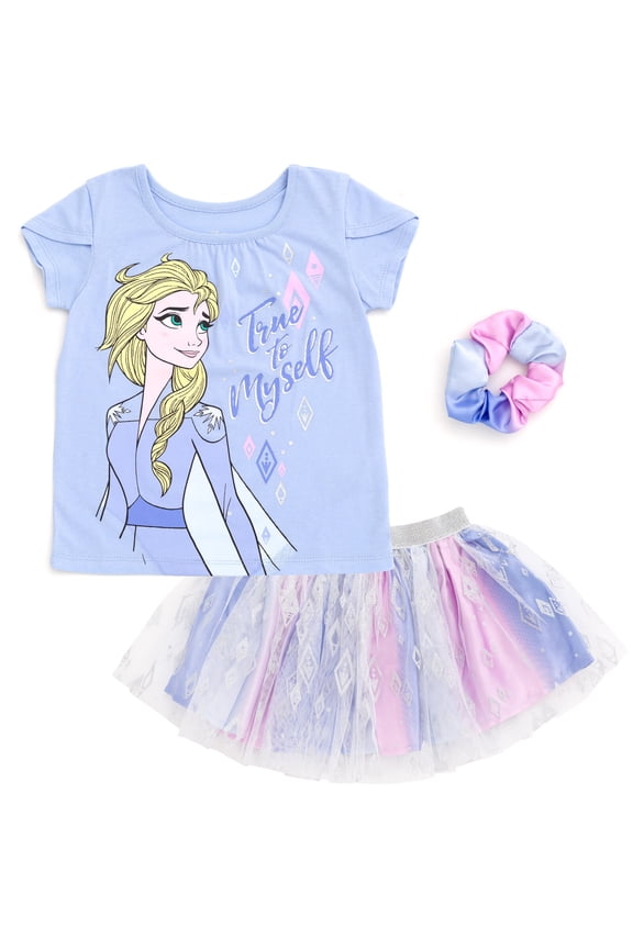 Frozen Toddler Girls' T-Shirt and Tutu Skirt Set with Scrunchie Ice Blue Elsa