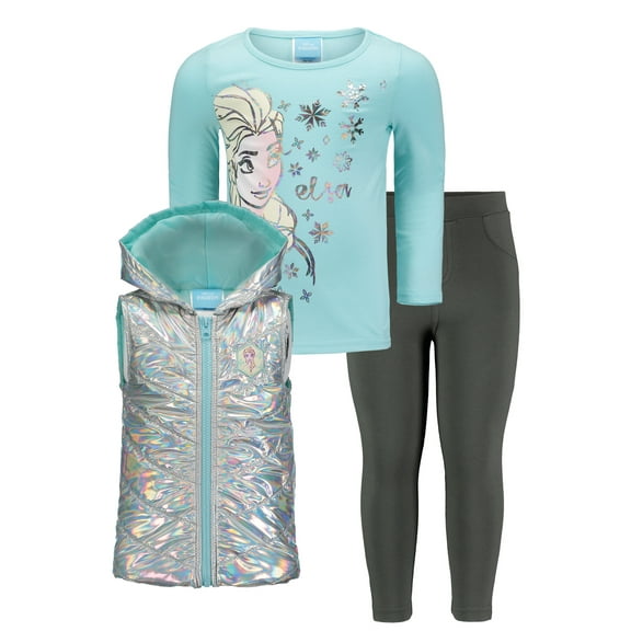 Disney Frozen Elsa Toddler Girls Zip Up Vest T-Shirt and Leggings 3 Piece Outfit Set Toddler to Big Kid