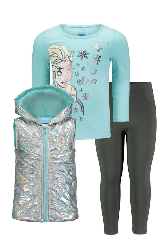 Frozen Elsa Toddler Girls Zip Up Vest T-Shirt and Leggings 3 Piece Outfit Set Toddler to Big Kid