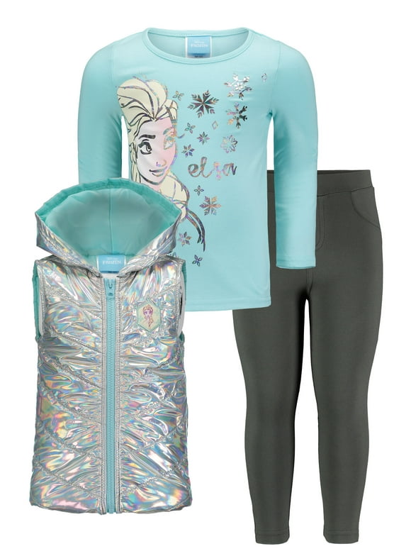 Disney Frozen Elsa Toddler Girls Zip Up Vest T-Shirt and Leggings 3 Piece Outfit Set Toddler to Big Kid