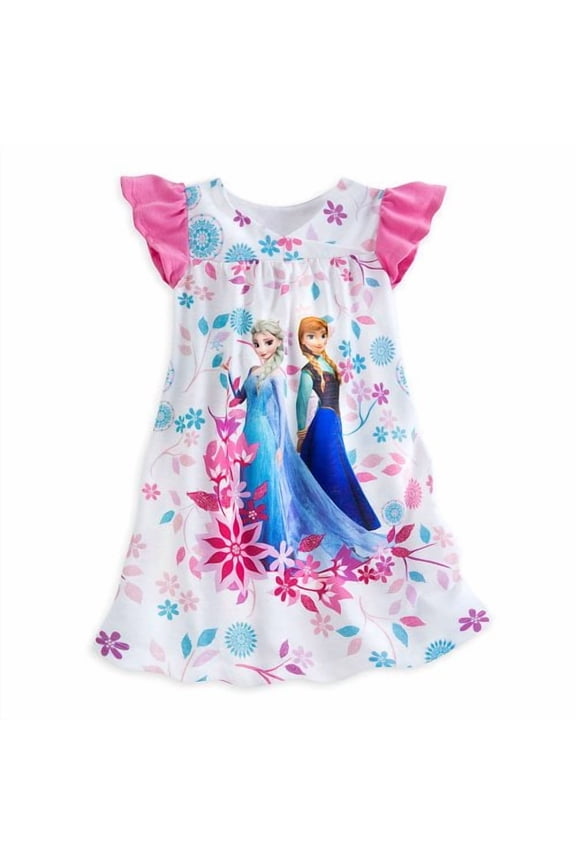 Frozen Elsa and Anna Girl's White Floral Nightgown, Size 5/6