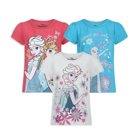 Disney Frozen Elsa and Anna Girls 3 Pack Short Sleeve T-Shirts for Toddlers