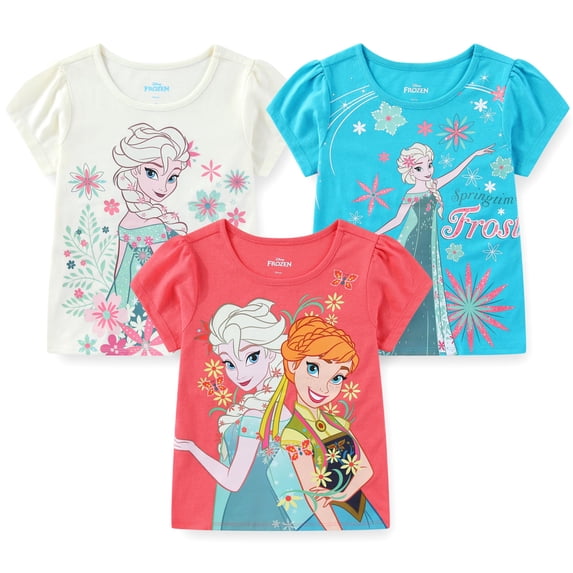 Disney Frozen Elsa and Anna Girls 3 Pack Short Sleeve T-Shirts for Toddlers