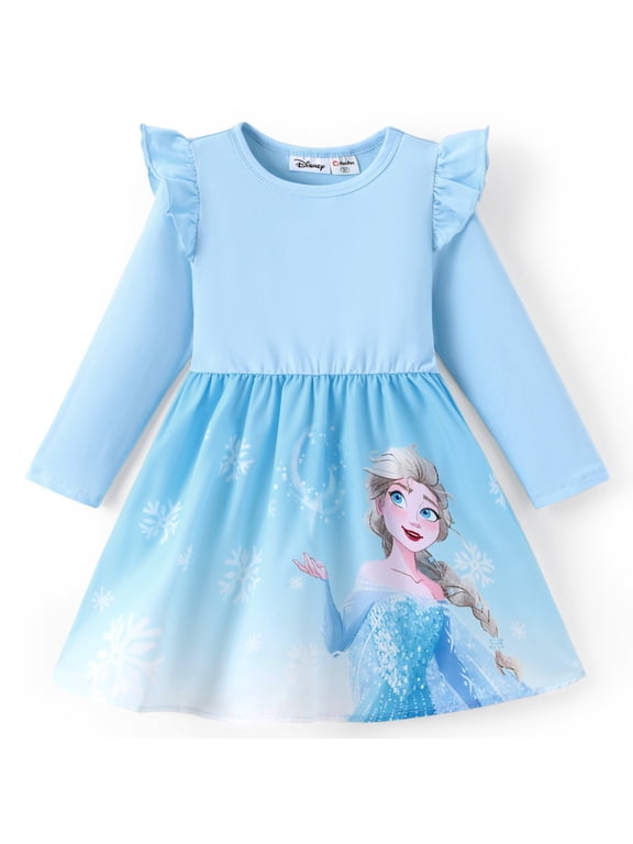 Frozen Girl Dresses Elsa Graphic Blue Ruffle Long Sleeves Dress Character Gifts Baby Toddler 2T