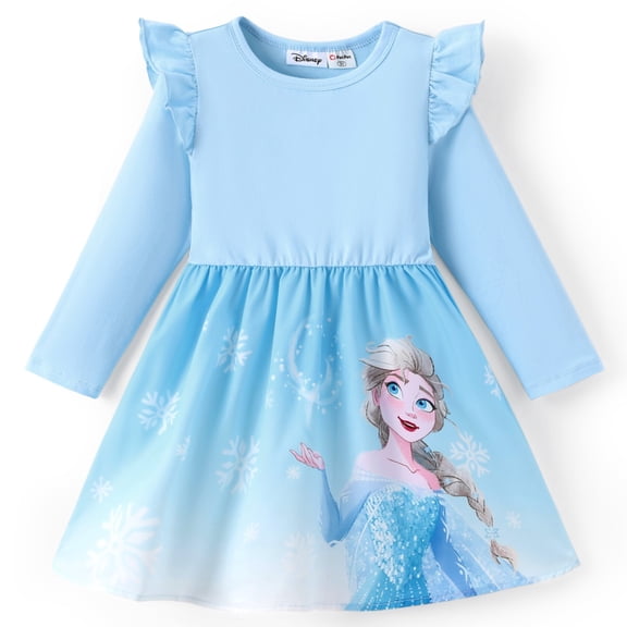 Disney Frozen Girl Dresses Elsa Graphic Blue Ruffle Long Sleeves Dress Character Gifts Schoole Kids 5-6Y