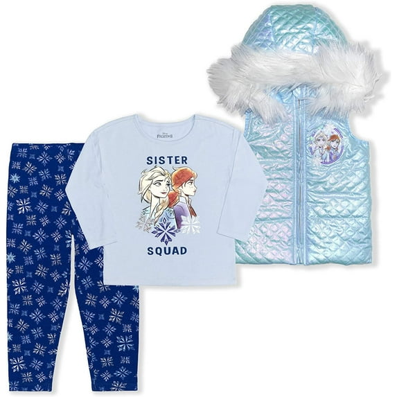 Disney Frozen Girl's 3-Piece Sister Squad Fur Hooded Vest Set with Legging Pants and Long Sleeve Shirt