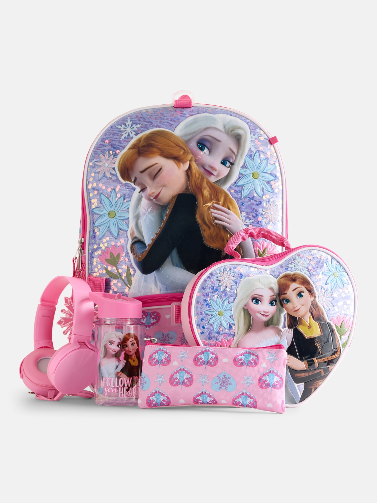 Disney Frozen Elsa and Anna Sequined Backpack Set with Lunch Bag, 6 Piece