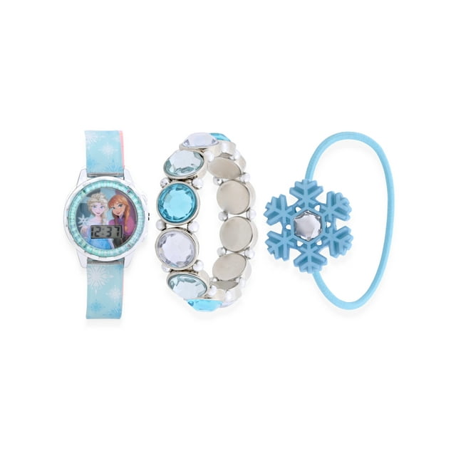 Disney Frozen Girl's Flashing LCD Blue Glitter Silicone Watch & Matching Bracelets 3 Piece Set