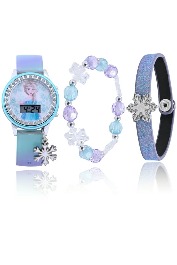 Frozen Girl's Flashing LCD Blue Glitter Silicone Watch & Matching Bracelets 3 Piece Set