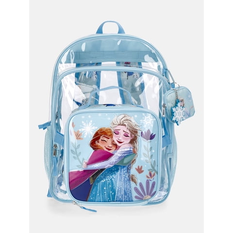 Frozen Girls 17" Clear Elsa & Ana Backpack with Lunch Box & Bag Charm, 3-Piece Set, Blue