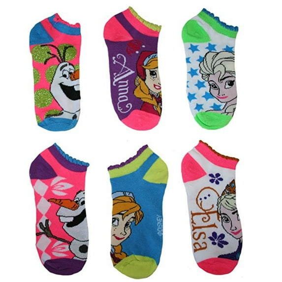 Disney Frozen Girls' 6 Pack Ruffled Assorted No Show Socks, Anna, Elsa, Olaf (4-6)