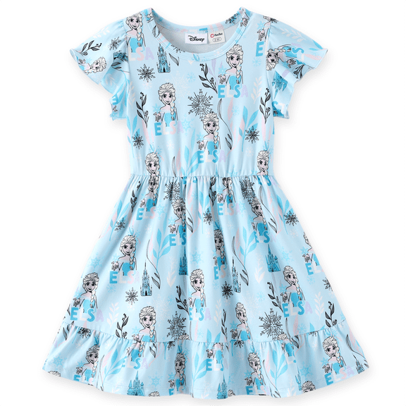 Disney Frozen Girls Dresses Elsa Blue Casual Flowy Ruffled Sleeve Summer Birthday Sundresses Gift Toddlers Kids 3-4T