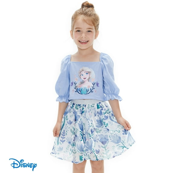 Disney Frozen Girls Dresses Sets Elsa Graphic Puff Sleeves Tee and Flower Skirts 2 Pieces Set Toddler Kid 2T