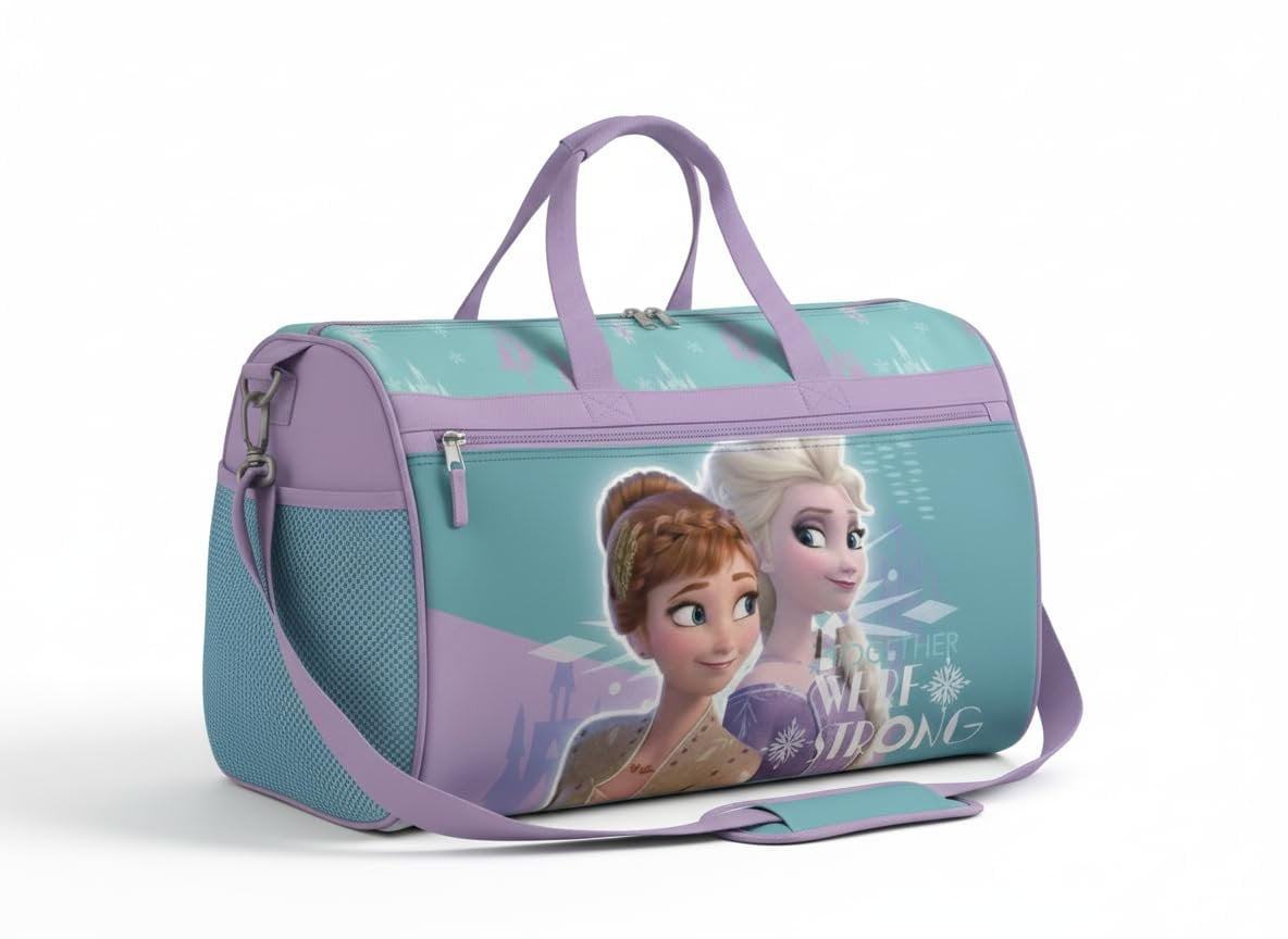 Disney Frozen Girls Duffle Bag  Elsa & Anna Travel Gym Bag with Adjustable Strap, Mesh Side Pockets & Zipper Pocket