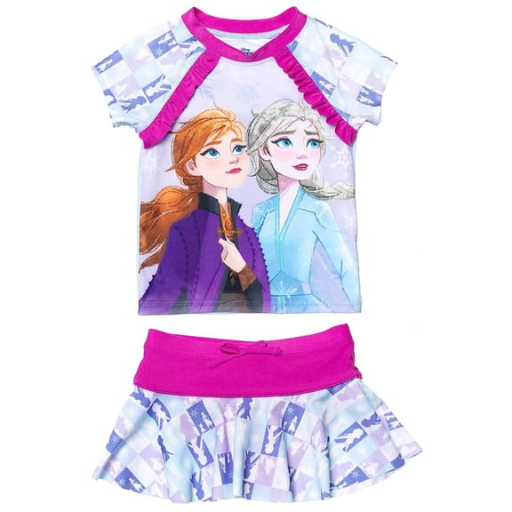Disney Frozen Girls' Elsa 2 Piece Rash Guard and Skirt Swimsuit Set, Sizes 2T-8