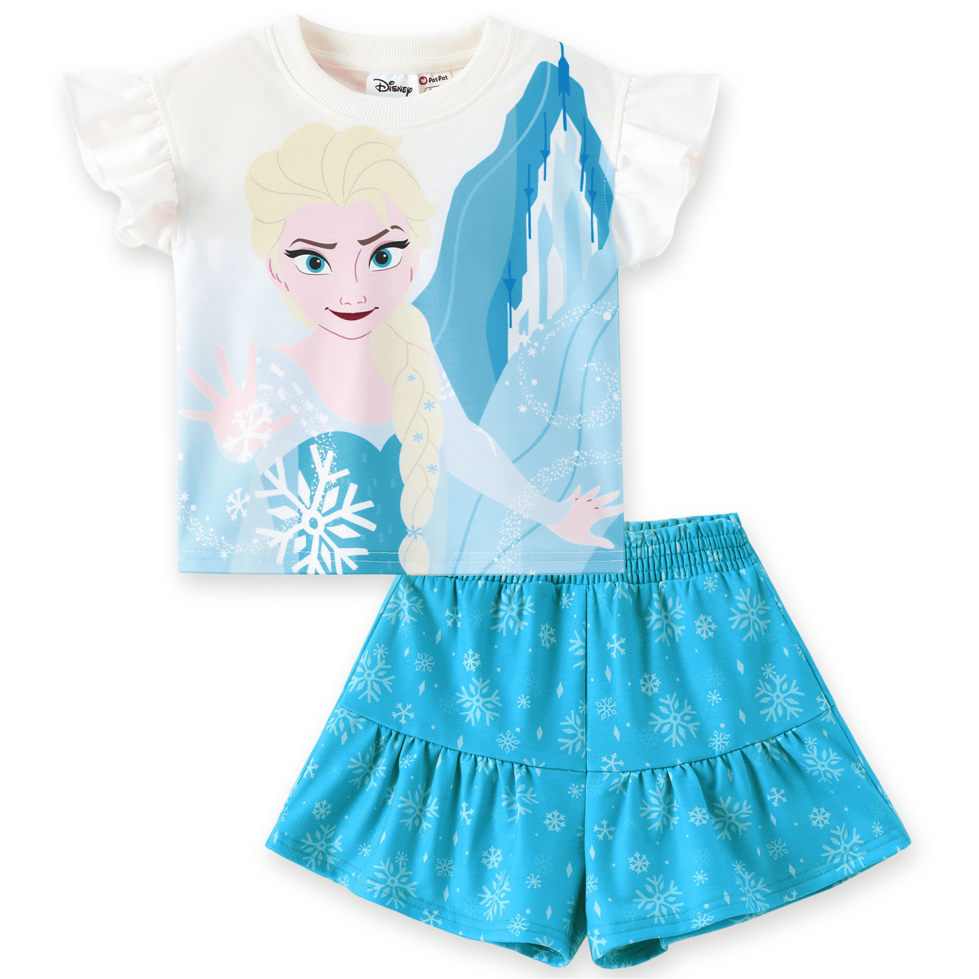 Disney Frozen Girls Elsa Graphic Crop Tee and Dress-Inspired Shorts Summer Blue White Casual 2-Piece Outfit Set Kids 6-7Y