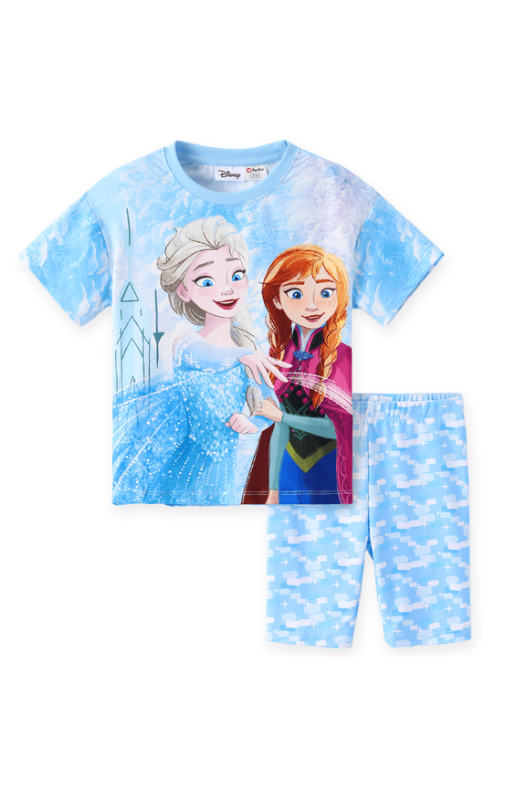 Frozen Girls Elsa Graphic Tee Oversize T-shirt and Leggings Bike Shorts 2-Piece Summer Blue Outfits Sets Toddlers Kids 4-5T