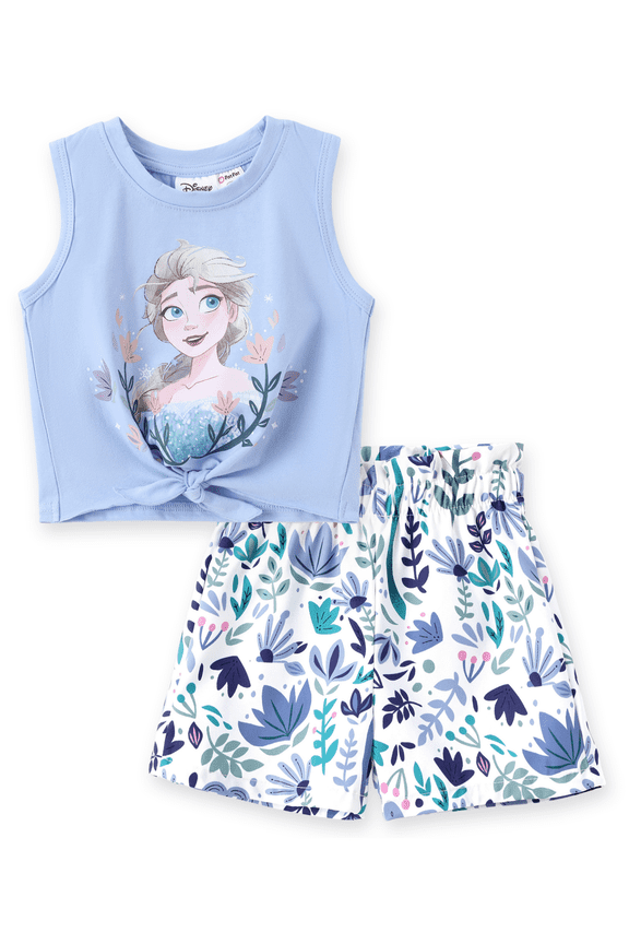 Frozen Girls Elsa Graphic Tee Tank Top and Shorts Bottoms Blue Floral Summer Holiday Outfits Toddlers Kids 3-4T
