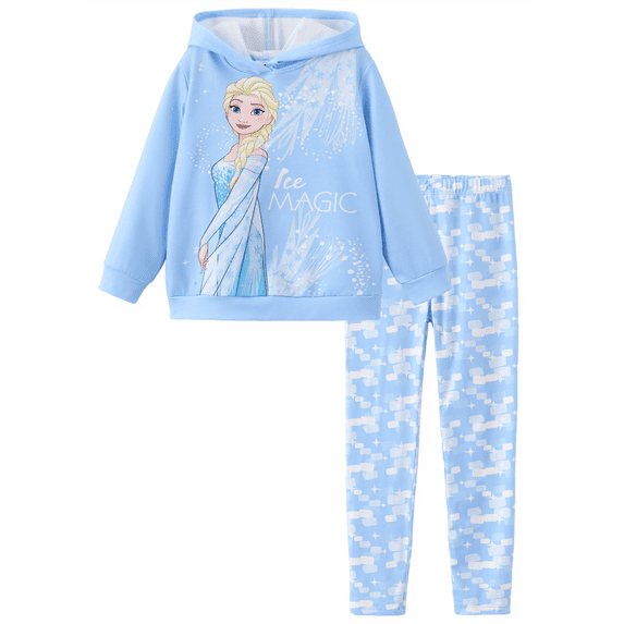 Disney Frozen Elsa Girls 2 Piece Outfit Blue Hoodies Sweatshirts Printed Leggings Set School Kids