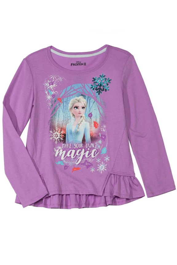 Disney Frozen Girls Elsa Make Your Own Magic Long Sleeve Ruffle Tee Shirt 4-5