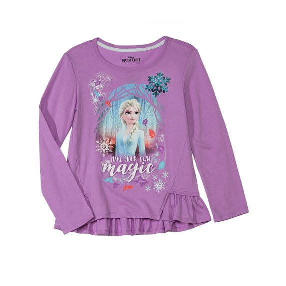 Disney Frozen Girls Elsa Make Your Own Magic Long Sleeve Ruffle Tee Shirt 4-5