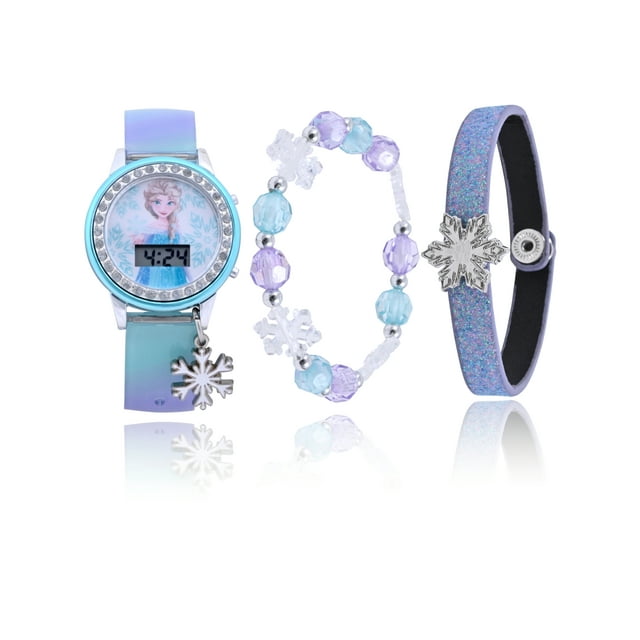 Disney Frozen Girls Flashing LCD Blue Ombre Silicone Watch, Bracelet and Hair Accessory 3 Piece Set