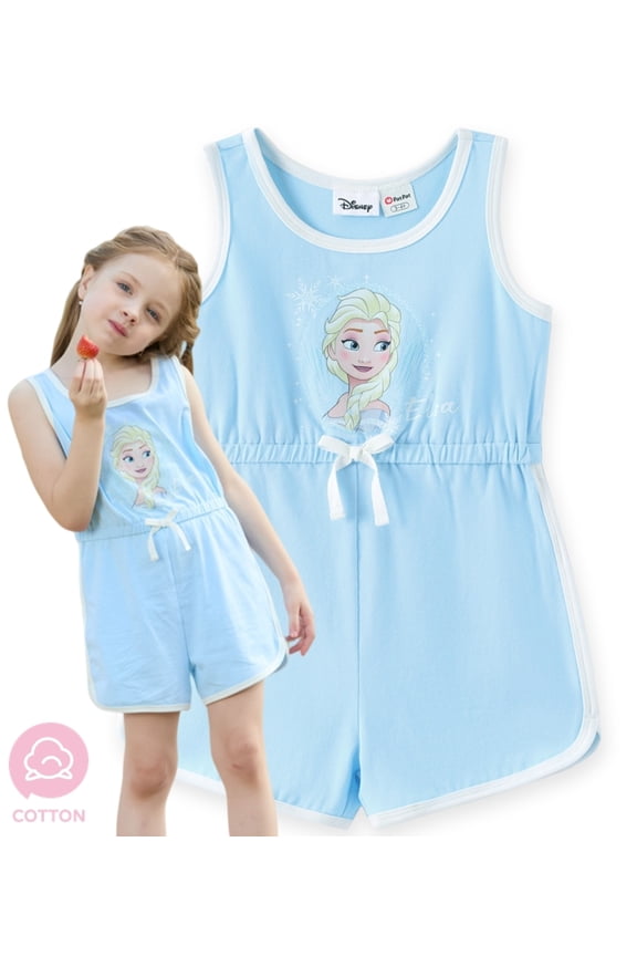 Frozen Girls Rompers Cotton Elsa Graphic Bow Blue Crewneck Sleeveless Jumpsuits Outfits Kids 6-7Y