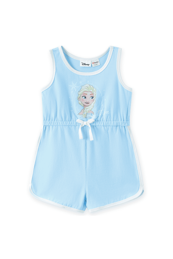Frozen Girls Rompers Cotton Elsa Graphic Bow Blue Crewneck Sleeveless Jumpsuits Outfits Toddlers Kids 3-4T
