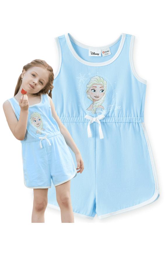Frozen Girls Rompers Cotton Elsa Graphic Bow Blue Crewneck Sleeveless Jumpsuits Outfits Toddlers Kids 3-4T