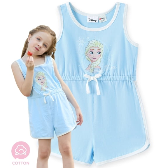 Disney Frozen Girls Rompers Cotton Elsa Graphic Bow Blue Crewneck Sleeveless Jumpsuits Outfits Toddlers Kids 3-4T