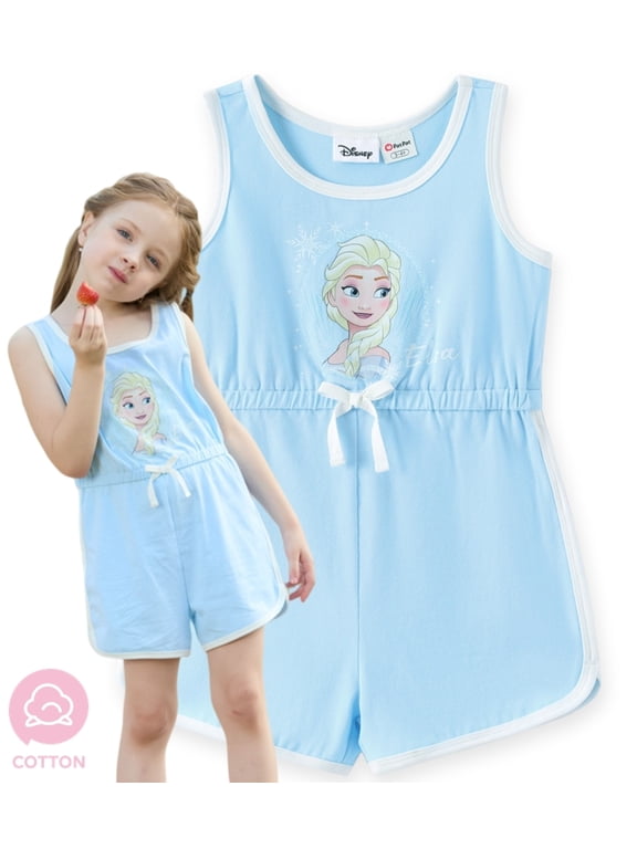 Frozen Girls Rompers Cotton Elsa Graphic Bow Blue Crewneck Sleeveless Jumpsuits Outfits Toddlers Kids 3-4T