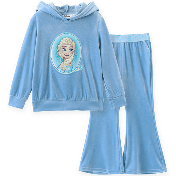 Disney Frozen Girls Sweatshirts Elsa Character Graphic Hoodie and Pants Blue Velvet 2 Pieces Sets Sizes 2-6