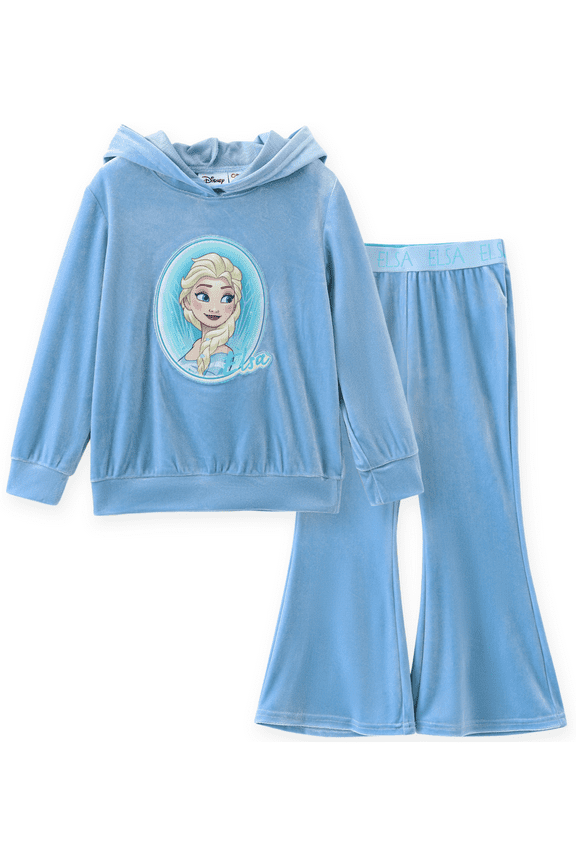 Frozen Girls Sweatshirts Elsa Character Graphic Hoodie and Pants Blue Velvet 2 Pieces Sets Sizes 2-6